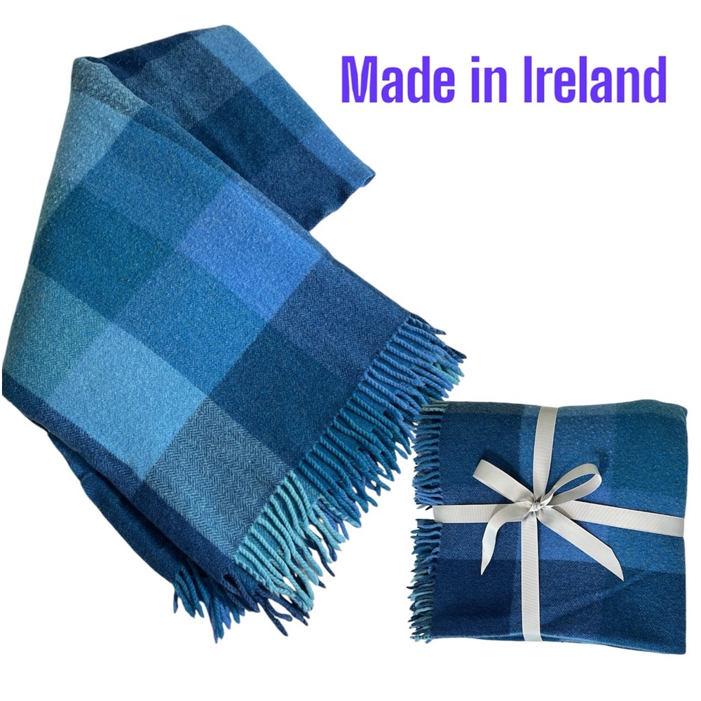 AVOCA Irish Wool Blanket Throw 48x54, Blue Check Twill